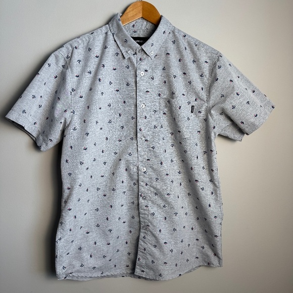 Molokai Surf Co Men's Allover Boat & Anchor Short Sleeve Button Shirt Gray Large - Picture 1 of 13